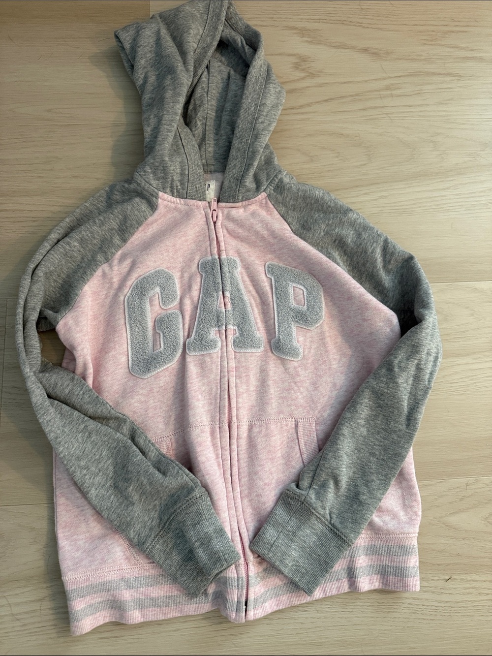 GAP Pink and Gray Hooded Zip-Up Sweatshirt with Chenille Logo